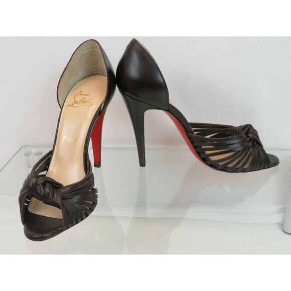 LOUBOUTIN MIRANDA 100 BROWN LEATHER D'ORSAY STRAPPY KNOTTED OPEN TOE PUMPS 37 - Picture 6 of 12